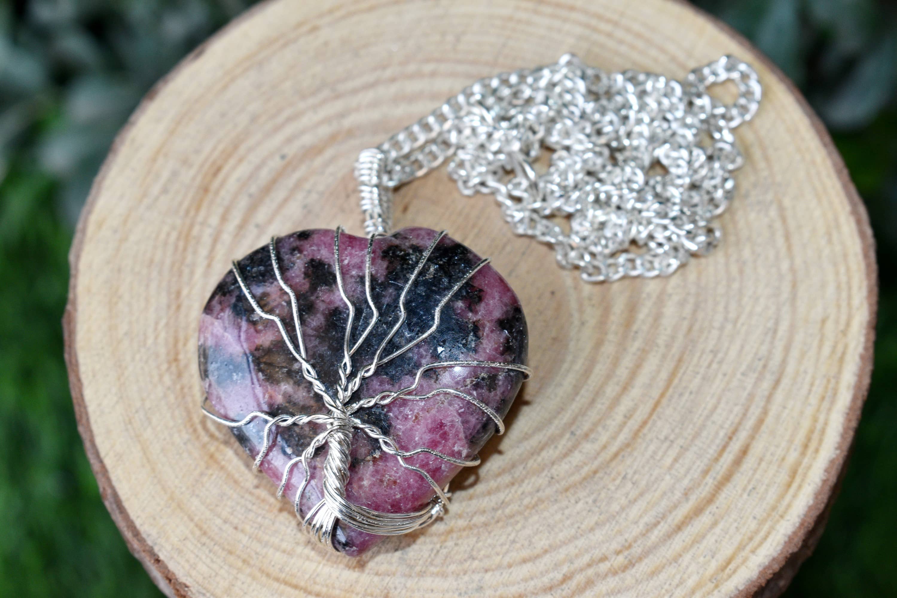 Rhodonite Heart Silver Wire Wrapped Pendant, Crystal Heart Gemstone Pendant  DestGlow