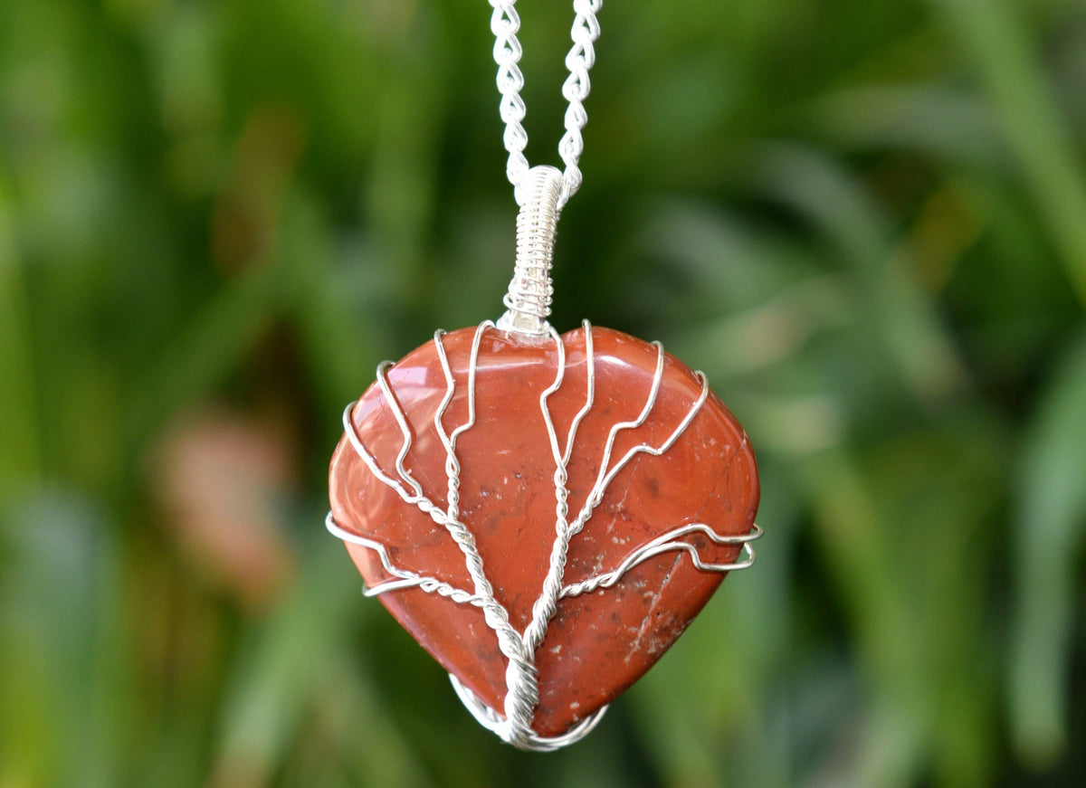 Red Jasper Heart Silver Wire Wrapped Pendant, Crystal Heart Gemstone Pendant  DestGlow