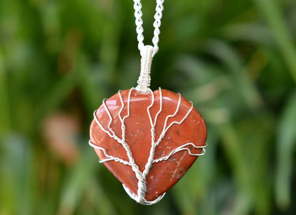 Red Jasper Heart Silver Wire Wrapped Pendant, Crystal Heart Gemstone Pendant  DestGlow