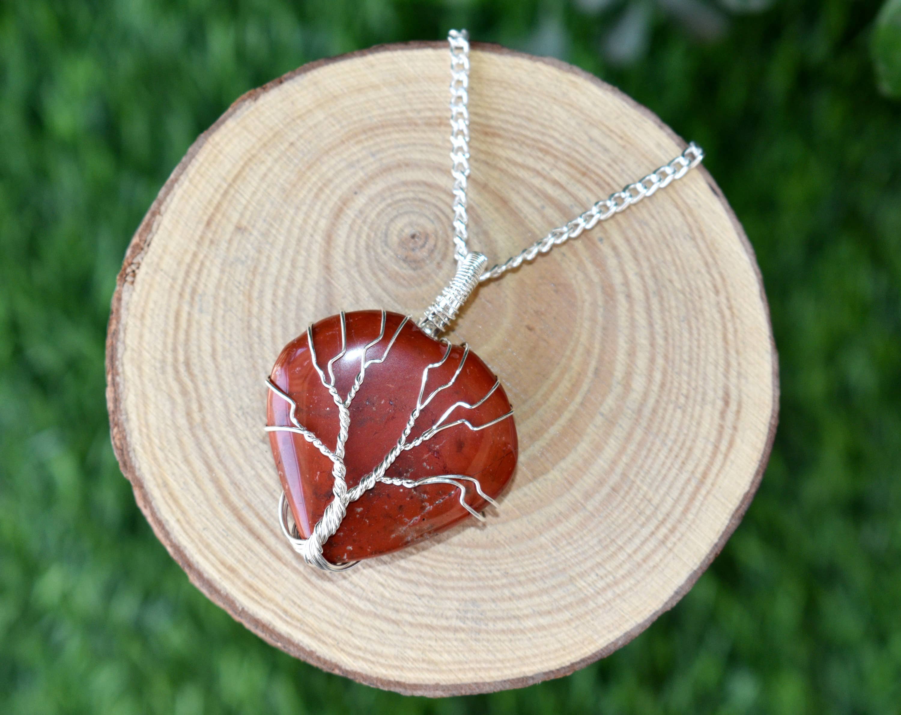 Red Jasper Heart Silver Wire Wrapped Pendant, Crystal Heart Gemstone Pendant  DestGlow