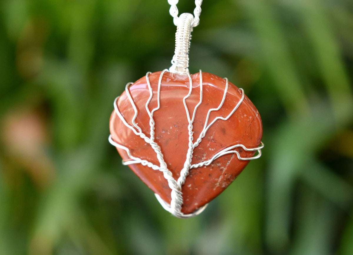Red Jasper Heart Silver Wire Wrapped Pendant, Crystal Heart Gemstone Pendant  DestGlow