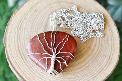 Red Jasper Heart Silver Wire Wrapped Pendant, Crystal Heart Gemstone Pendant  DestGlow