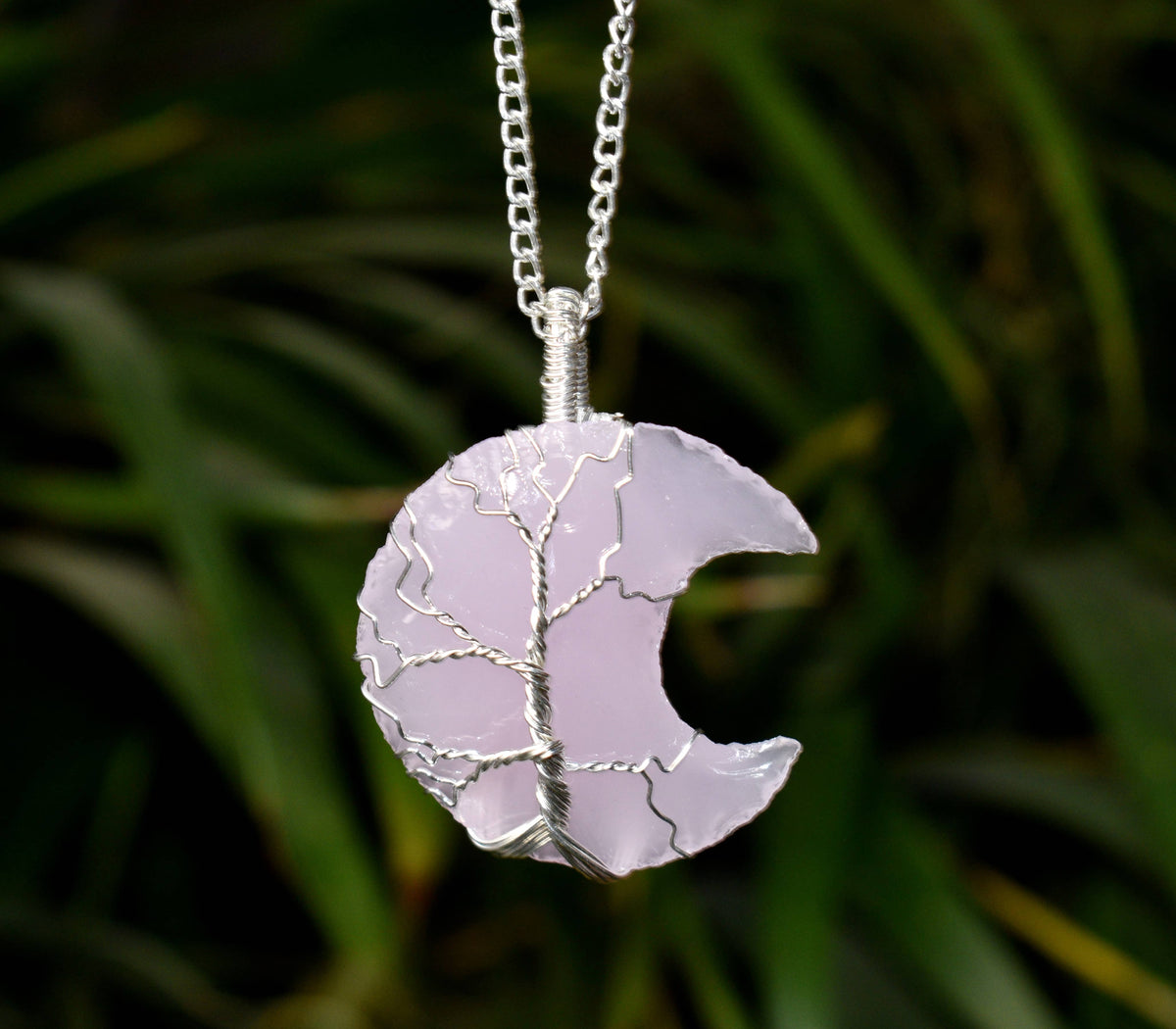 Rose Quartz Moon Silver Wire Wrapped Pendant, Crystal Moon Pendant