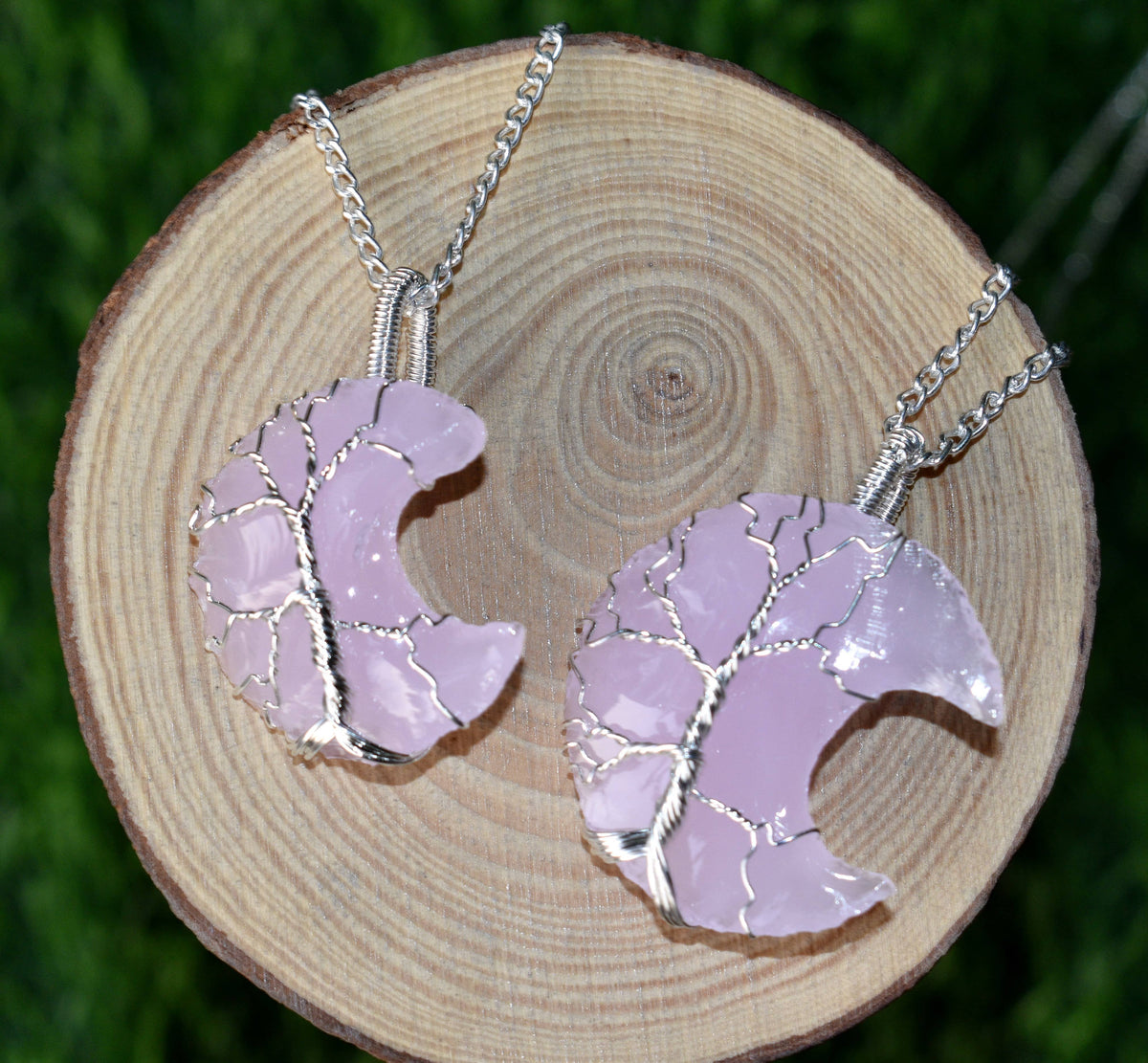 Rose Quartz Moon Silver Wire Wrapped Pendant, Crystal Moon Pendant