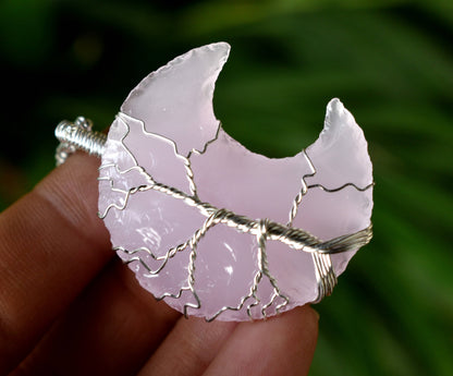 Rose Quartz Moon Silver Wire Wrapped Pendant, Crystal Moon Pendant