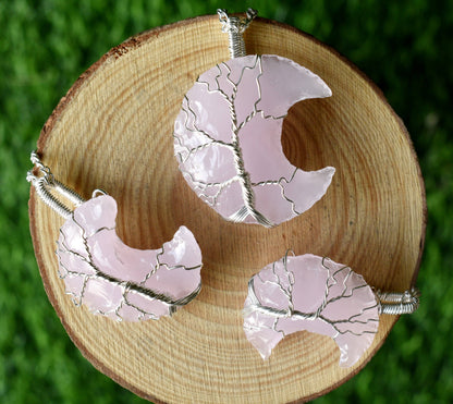 Rose Quartz Moon Silver Wire Wrapped Pendant, Crystal Moon Pendant
