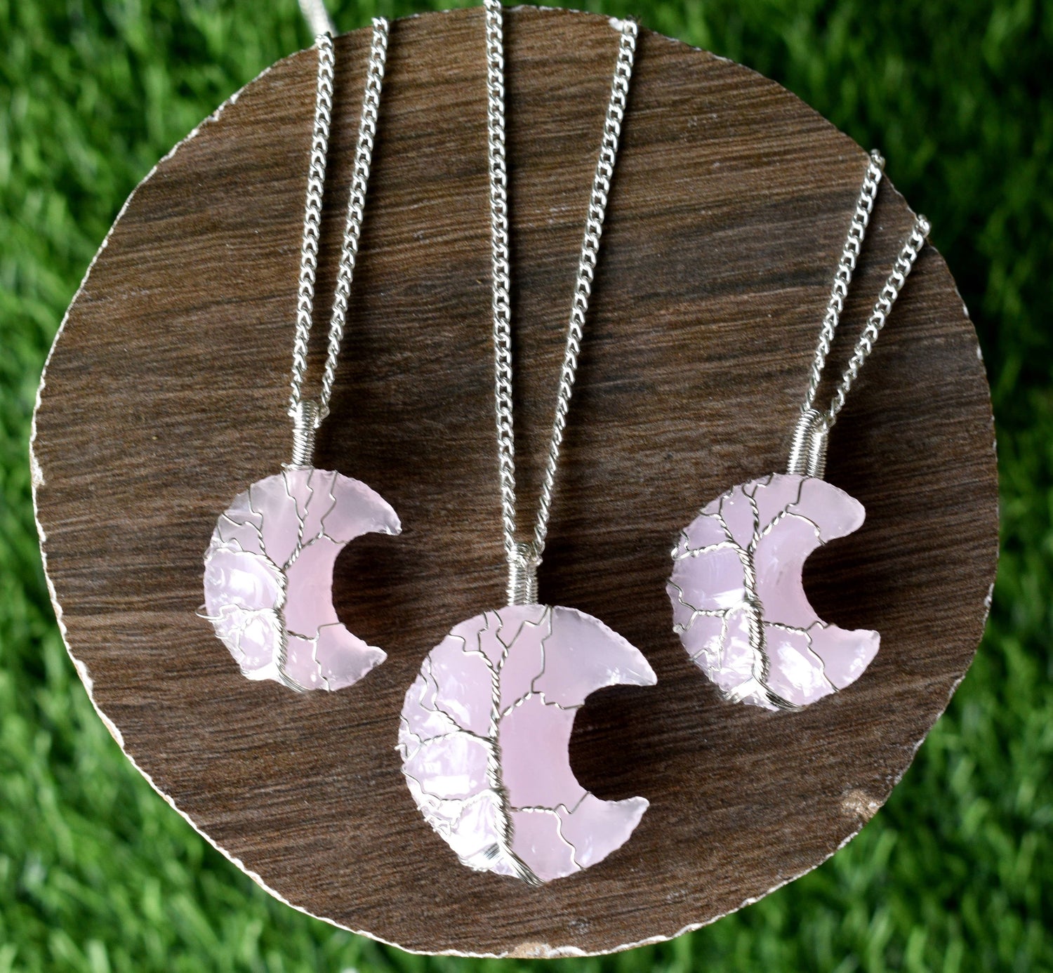 Rose Quartz Moon Silver Wire Wrapped Pendant, Crystal Moon Pendant