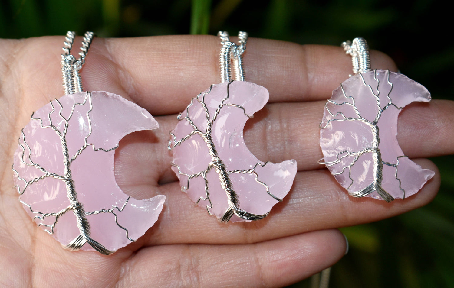 Rose Quartz Moon Silver Wire Wrapped Pendant, Crystal Moon Pendant