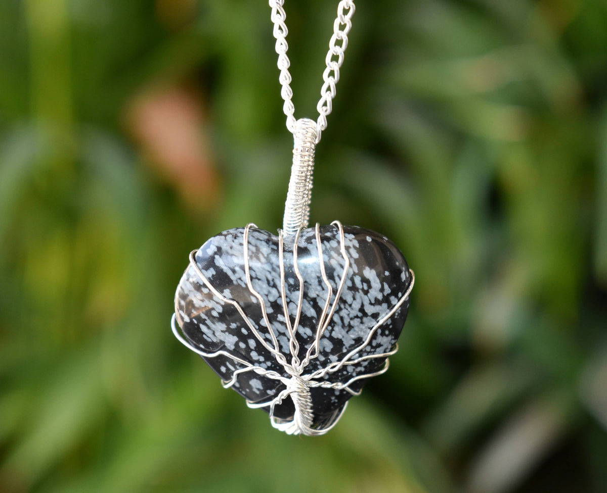 Snowflake Obsidian Heart Silver Wire Wrapped Pendant, Crystal Heart Gemstone Pendant  DestGlow