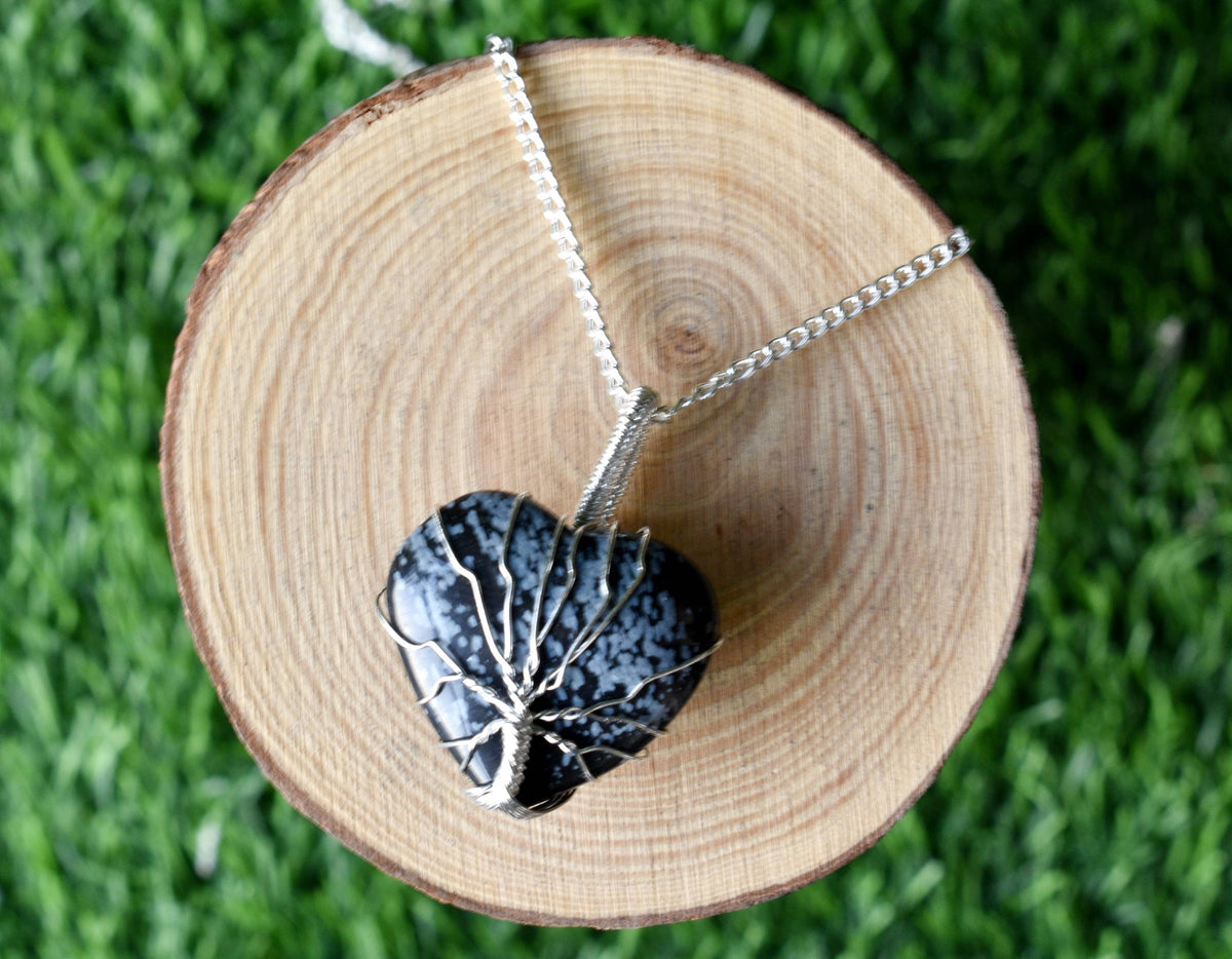 Snowflake Obsidian Heart Silver Wire Wrapped Pendant, Crystal Heart Gemstone Pendant  DestGlow