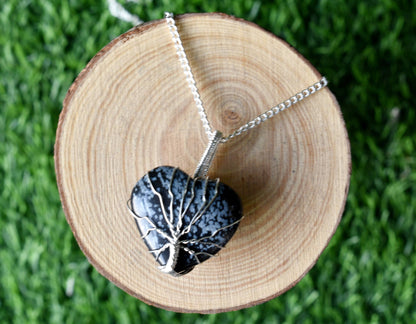 Snowflake Obsidian Heart Silver Wire Wrapped Pendant, Crystal Heart Gemstone Pendant  DestGlow