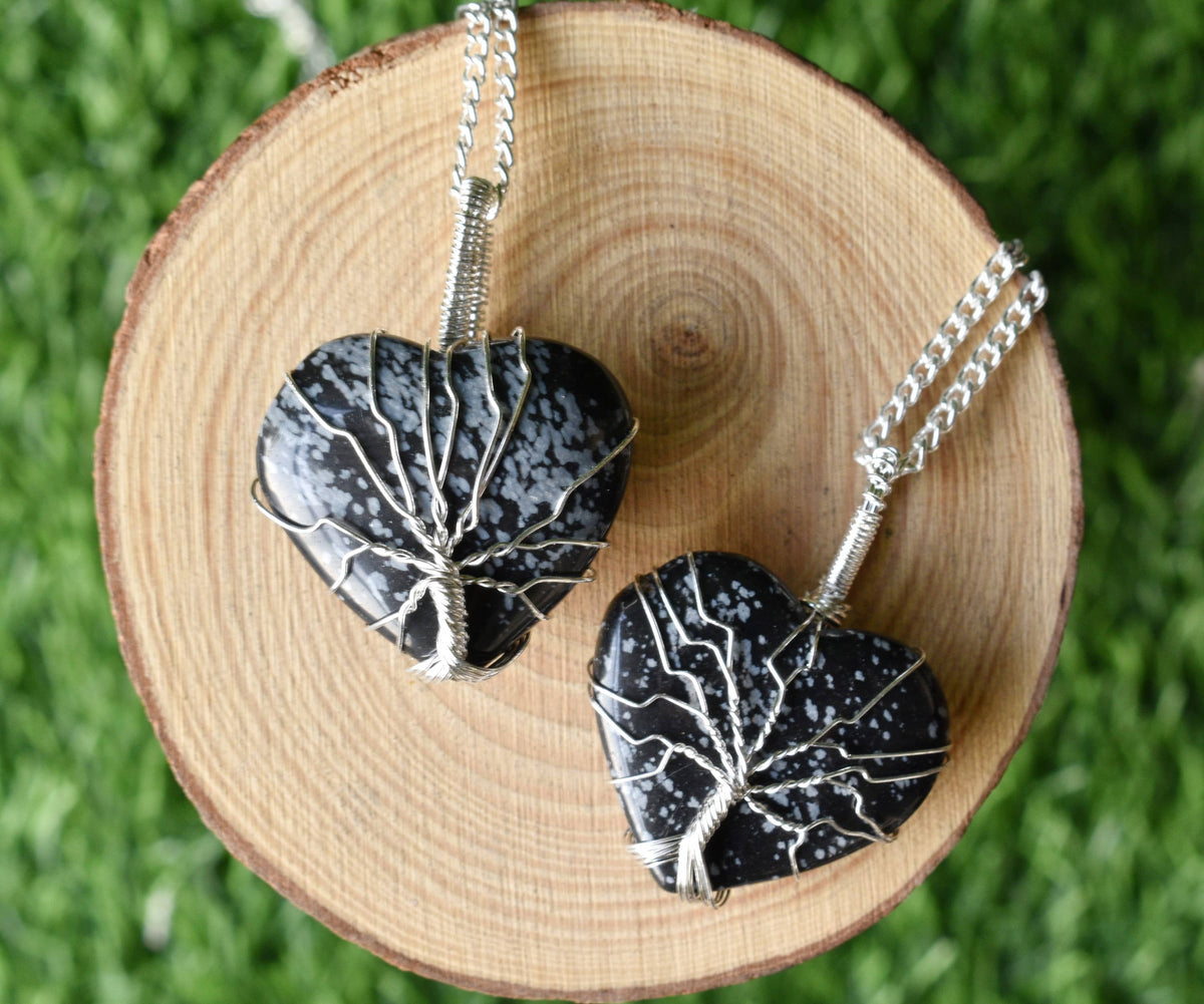 Snowflake Obsidian Heart Silver Wire Wrapped Pendant, Crystal Heart Gemstone Pendant  DestGlow