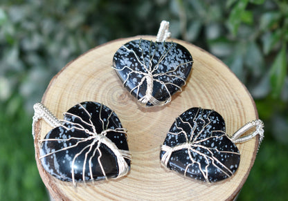 Snowflake Obsidian Heart Silver Wire Wrapped Pendant, Crystal Heart Gemstone Pendant  DestGlow