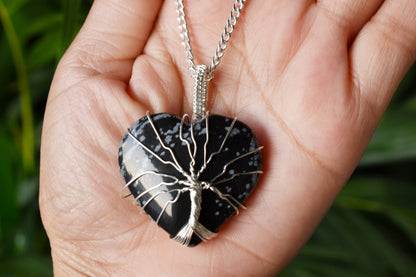 Snowflake Obsidian Heart Silver Wire Wrapped Pendant, Crystal Heart Gemstone Pendant  DestGlow