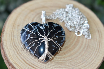 Snowflake Obsidian Heart Silver Wire Wrapped Pendant, Crystal Heart Gemstone Pendant  DestGlow