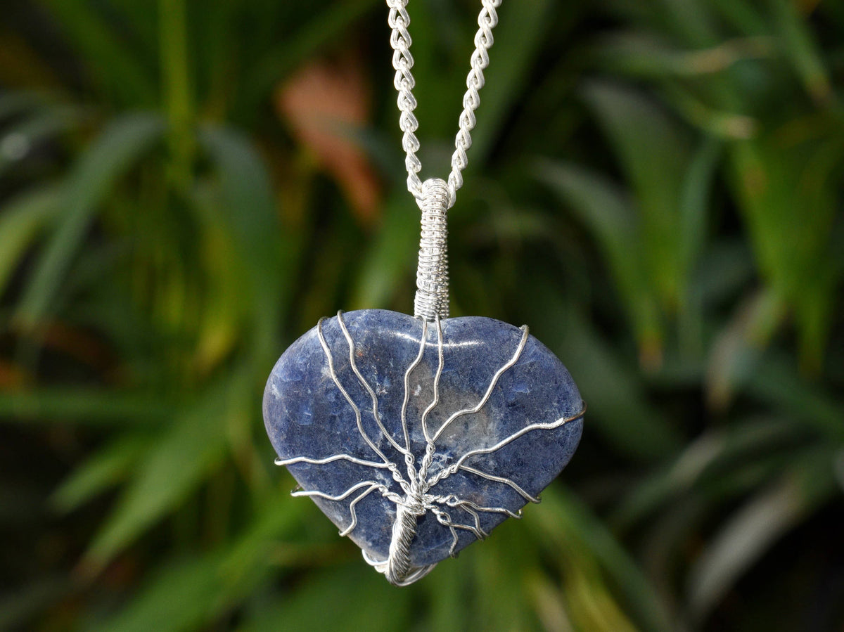 Sodalite Heart Silver Wire Wrapped Pendant, Crystal Heart Gemstone Pendant  DestGlow