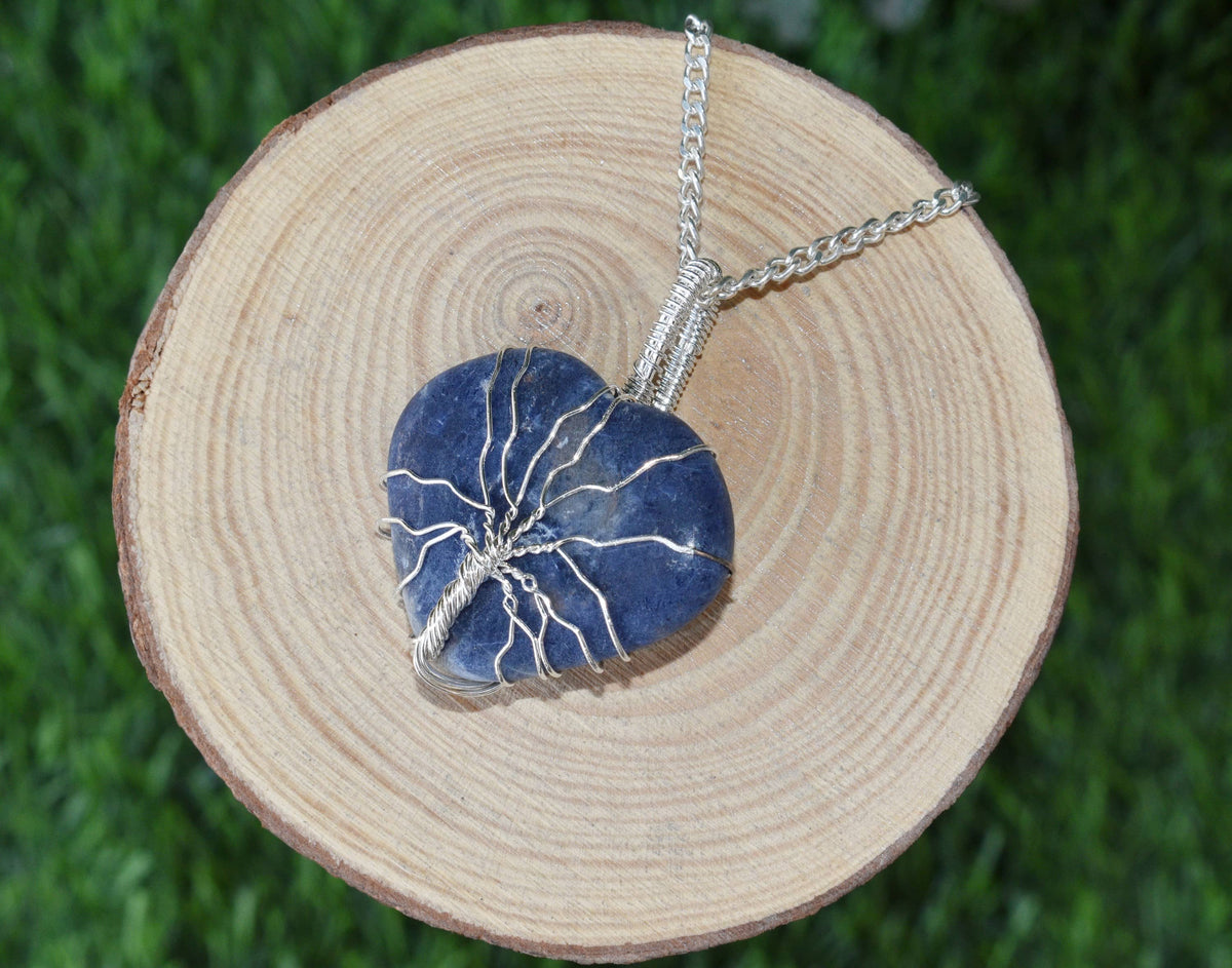 Sodalite Heart Silver Wire Wrapped Pendant, Crystal Heart Gemstone Pendant  DestGlow