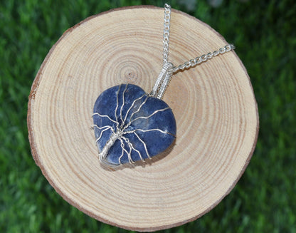 Sodalite Heart Silver Wire Wrapped Pendant, Crystal Heart Gemstone Pendant  DestGlow