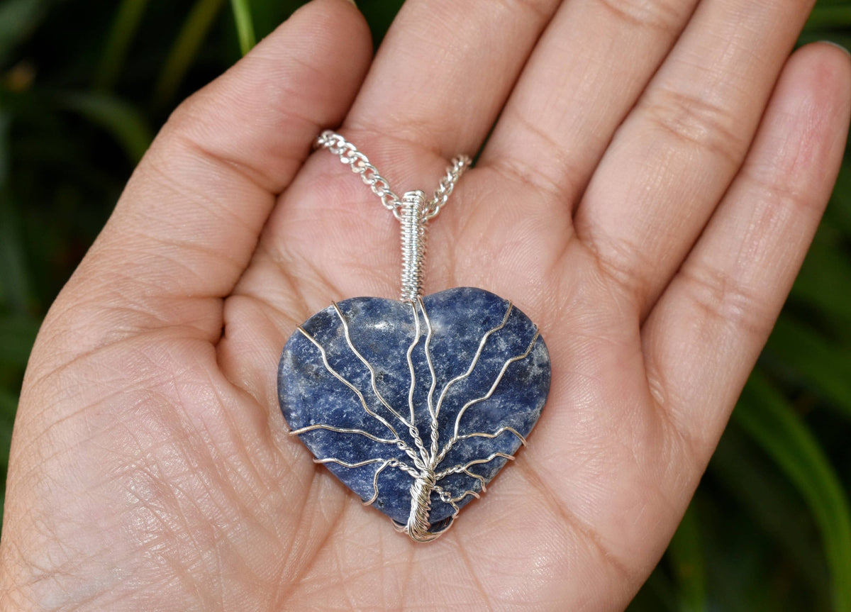 Sodalite Heart Silver Wire Wrapped Pendant, Crystal Heart Gemstone Pendant  DestGlow