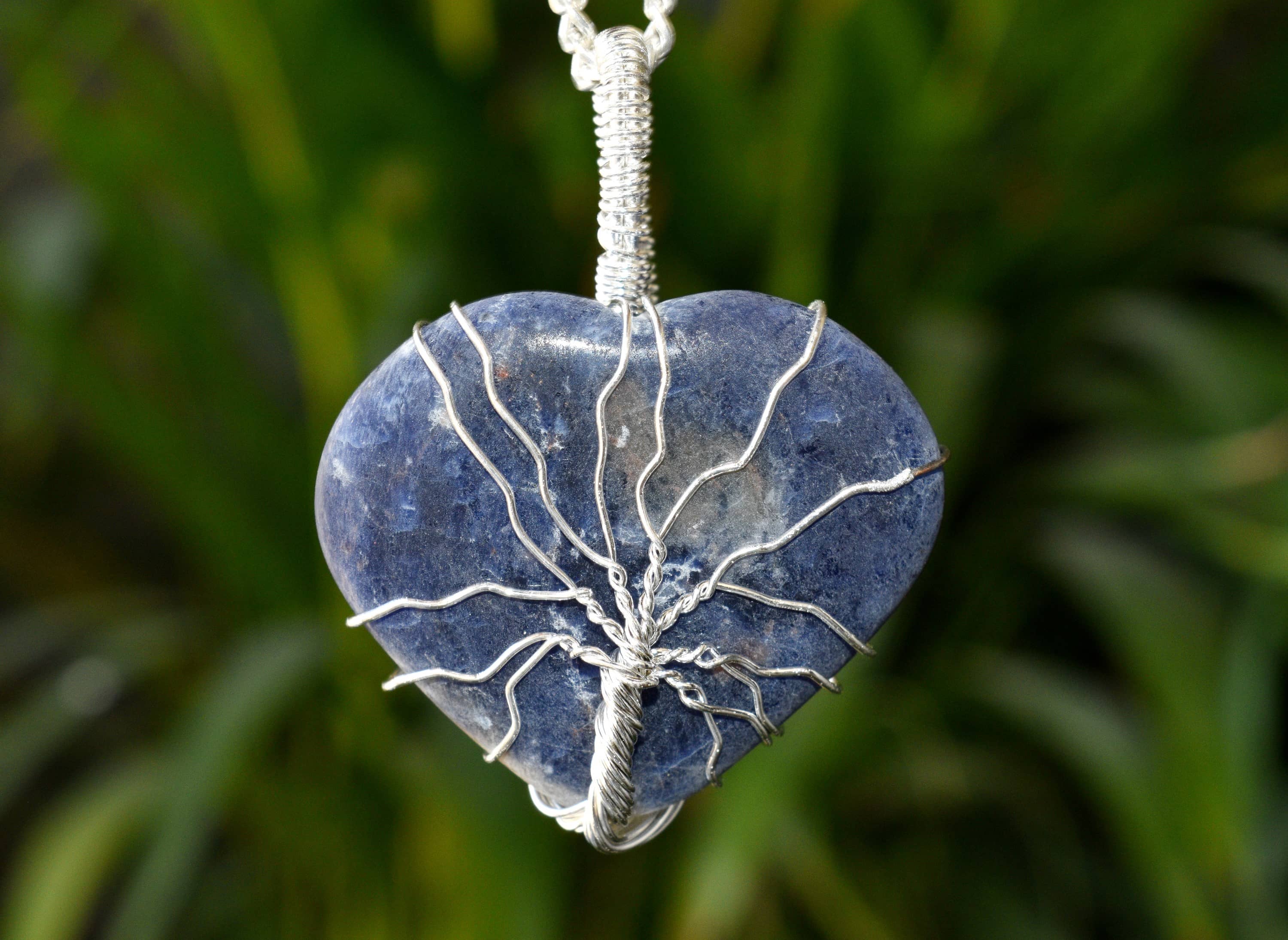 Sodalite Heart Silver Wire Wrapped Pendant, Crystal Heart Gemstone Pendant  DestGlow