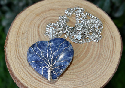 Sodalite Heart Silver Wire Wrapped Pendant, Crystal Heart Gemstone Pendant  DestGlow