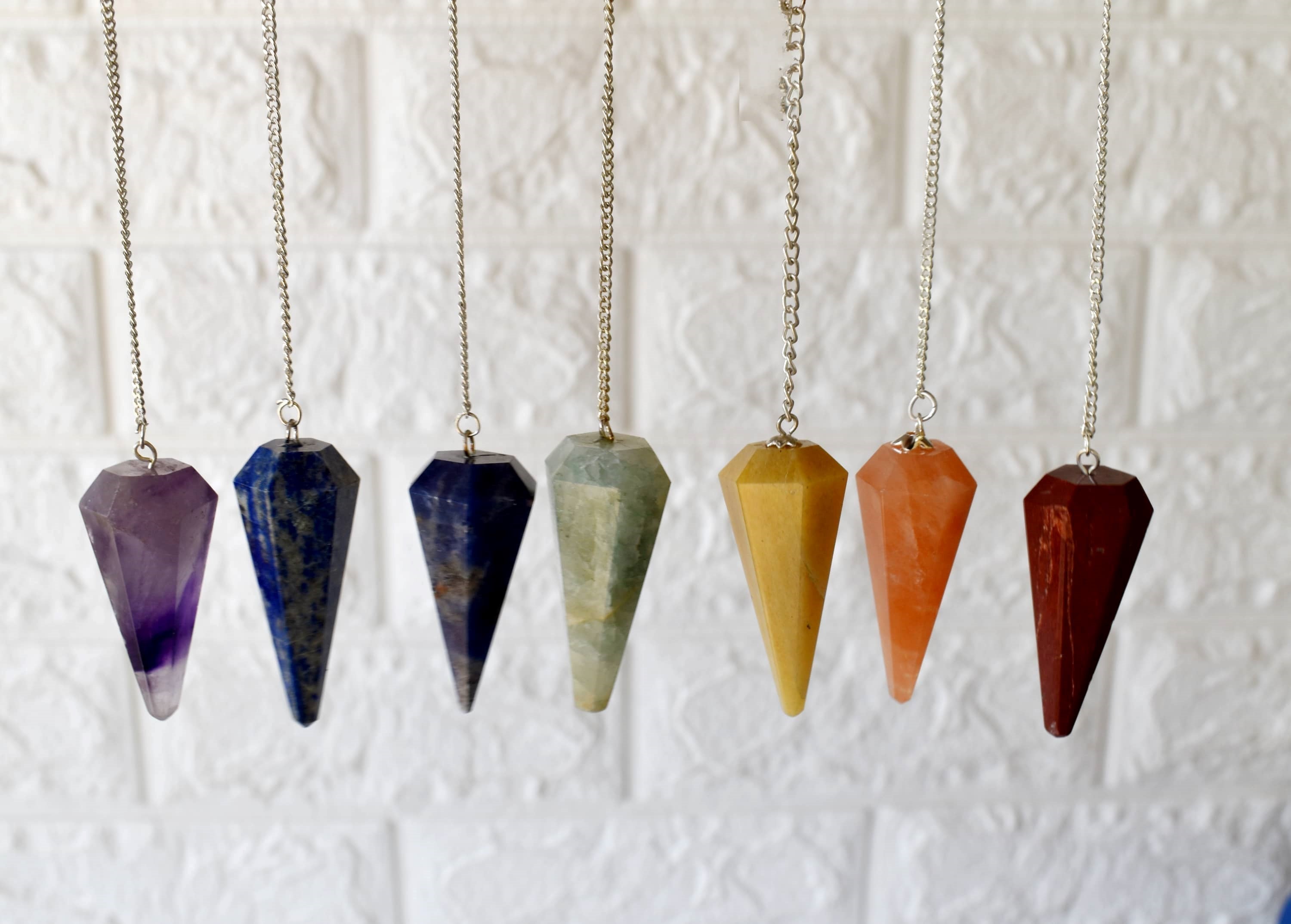 Seven Chakra Crystal Pendulum with Wooden Grid Plate, Selenite Log  DestGlow