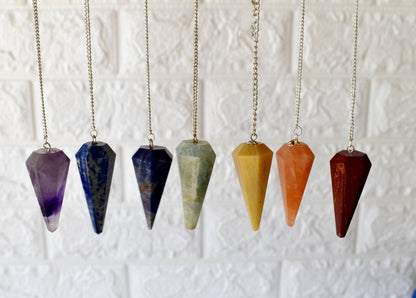 Seven Chakra Crystal Pendulum with Wooden Grid Plate, Selenite Log  DestGlow