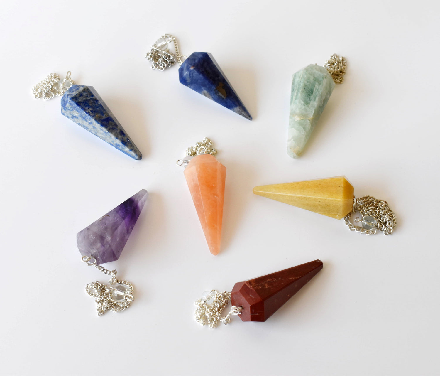 Seven Chakra Crystal Pendulum with Wooden Grid Plate, Selenite Log  DestGlow