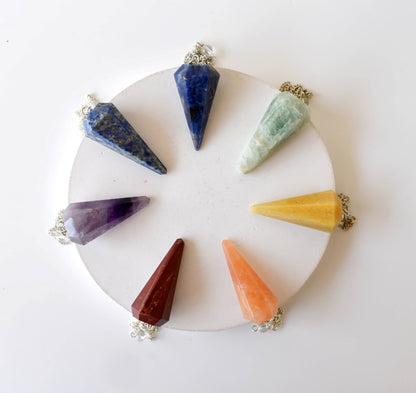 Seven Chakra Crystal Pendulum with Wooden Grid Plate, Selenite Log  DestGlow