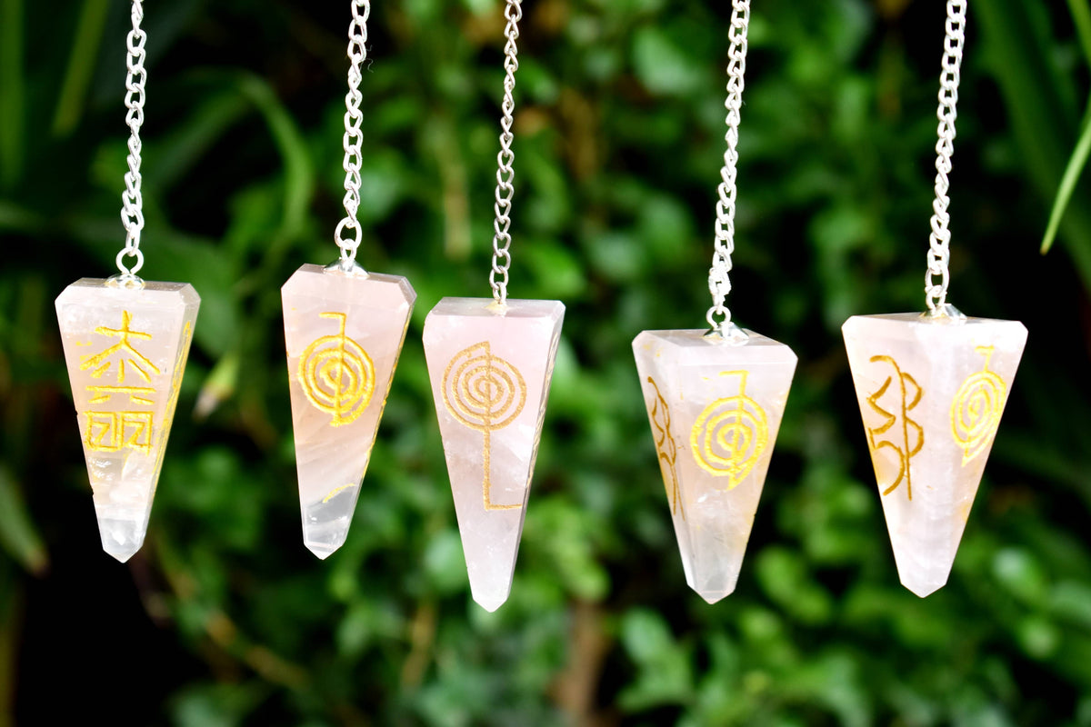 Rose Quartz Reiki Faceted Hexagon Pendulum, Reiki Crystal Pendulum  DestGlow