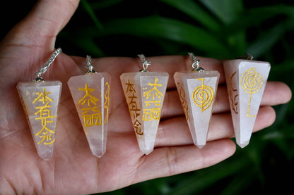 Rose Quartz Reiki Faceted Hexagon Pendulum, Reiki Crystal Pendulum  DestGlow