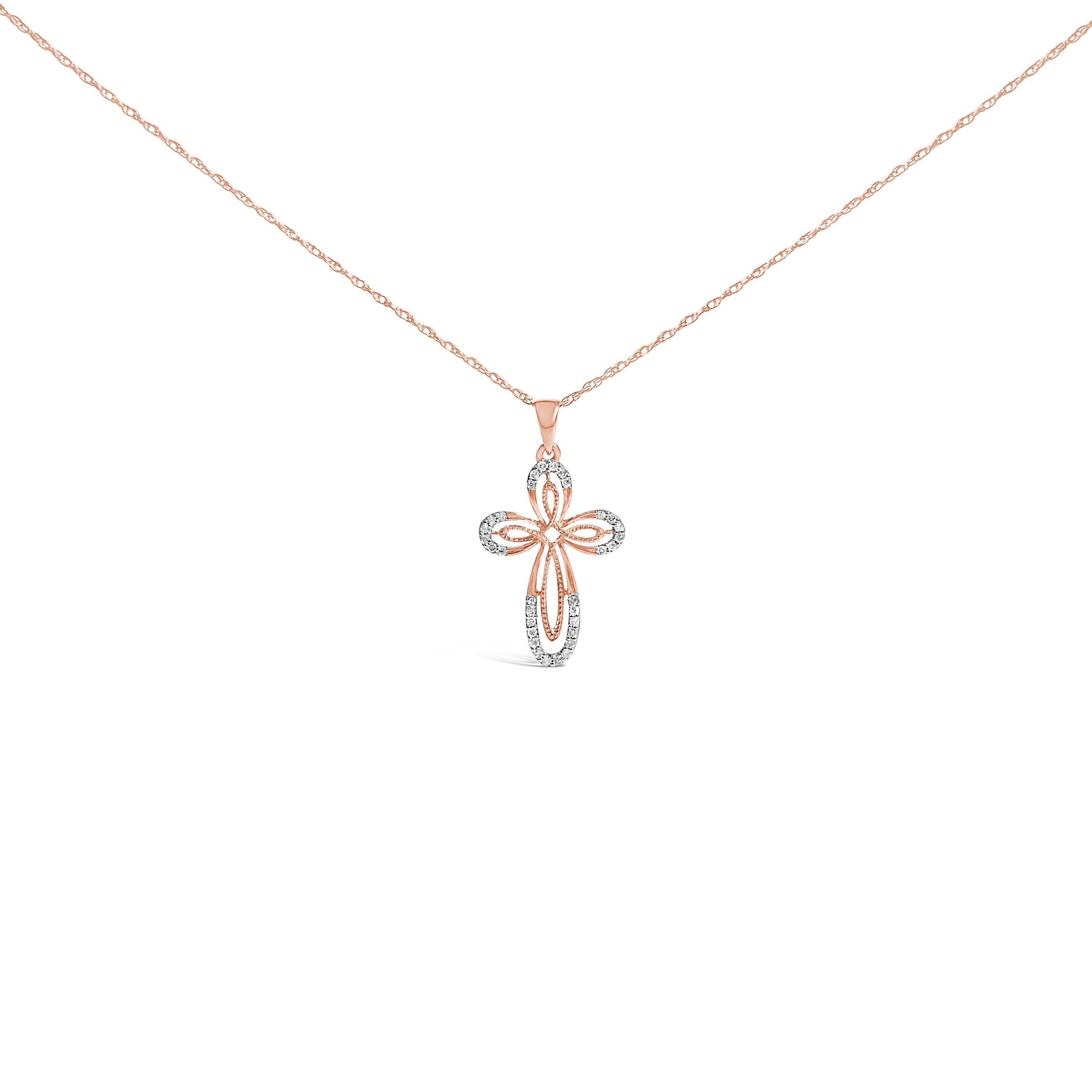 10K Rose Gold Plated Sterling Silver 1/6 Cttw Diamond Double Loop Cross Pendant Necklace  DestGlow