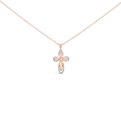 10K Rose Gold Plated Sterling Silver 1/6 Cttw Diamond Double Loop Cross Pendant Necklace  DestGlow