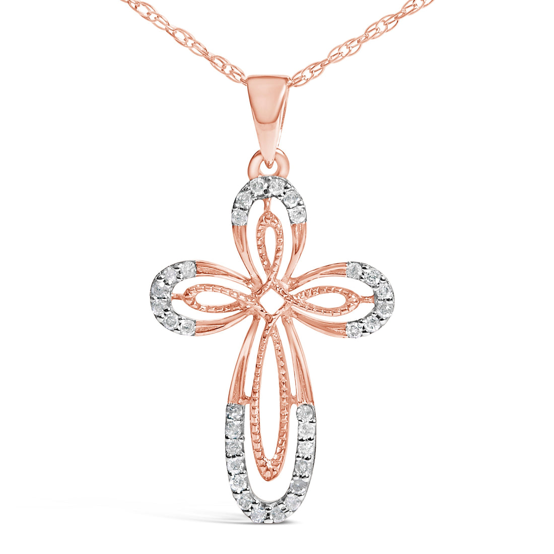 10K Rose Gold Plated Sterling Silver 1/6 Cttw Diamond Double Loop Cross Pendant Necklace  DestGlow