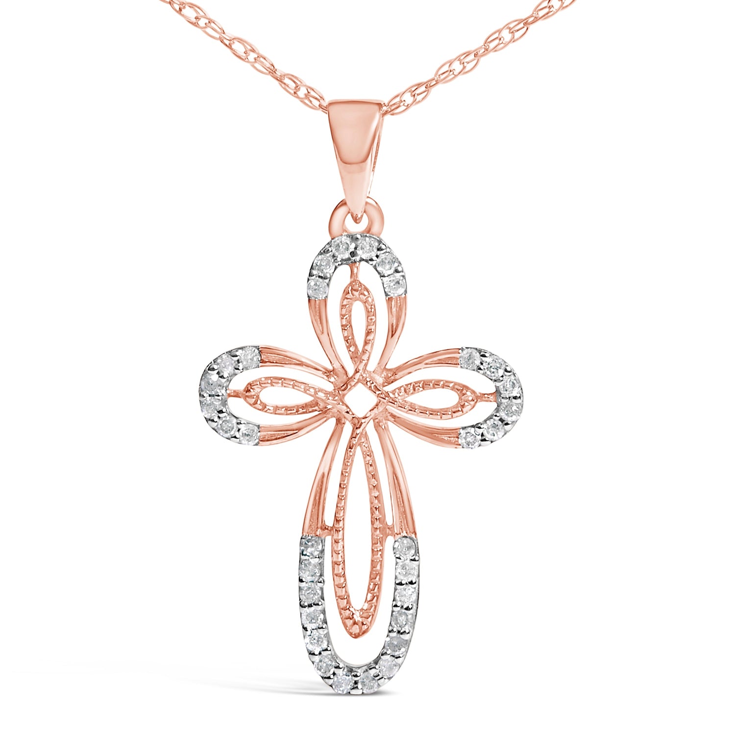 10K Rose Gold Plated Sterling Silver 1/6 Cttw Diamond Double Loop Cross Pendant Necklace  DestGlow