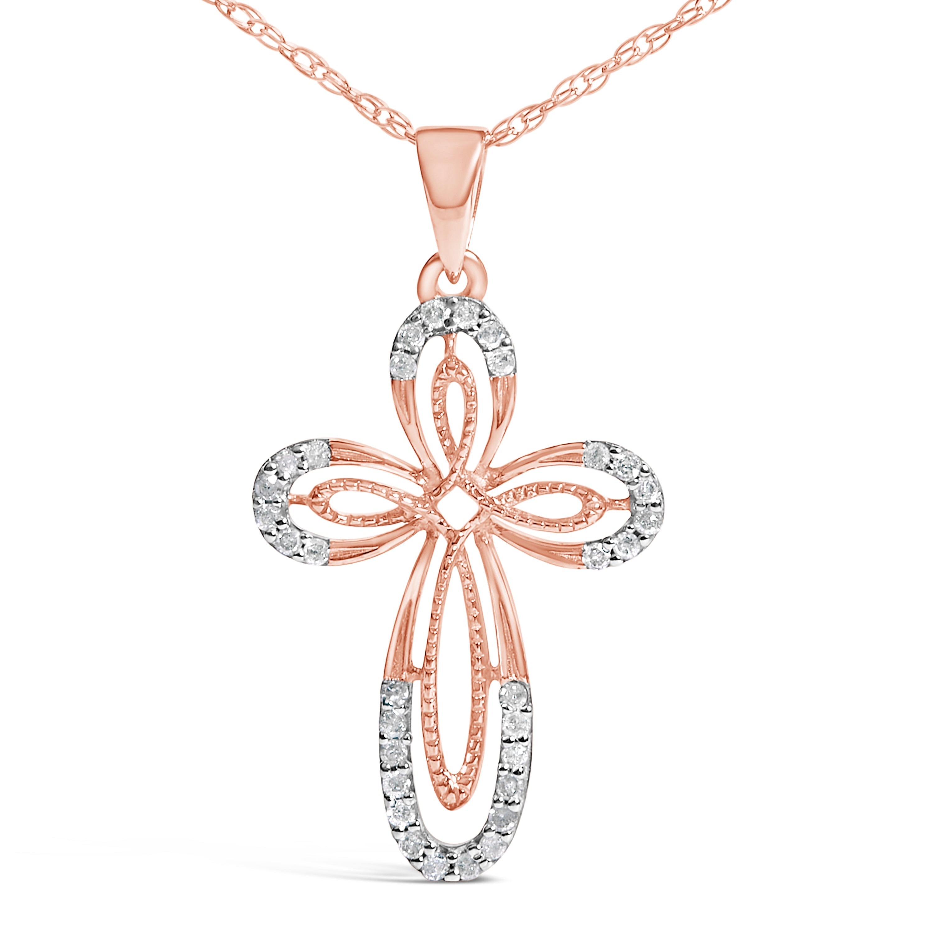 10K Rose Gold Plated Sterling Silver 1/6 Cttw Diamond Double Loop Cross Pendant Necklace  DestGlow