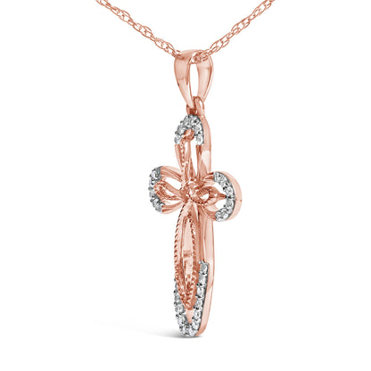 10K Rose Gold Plated Sterling Silver 1/6 Cttw Diamond Double Loop Cross Pendant Necklace  DestGlow