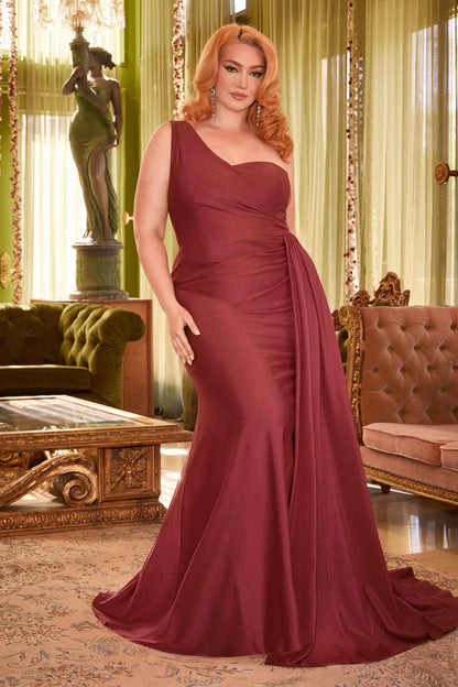 Ladivine PT004C Long Chic One Shoulder Stretch Satin Side Sash Gown by DiscountDressShop