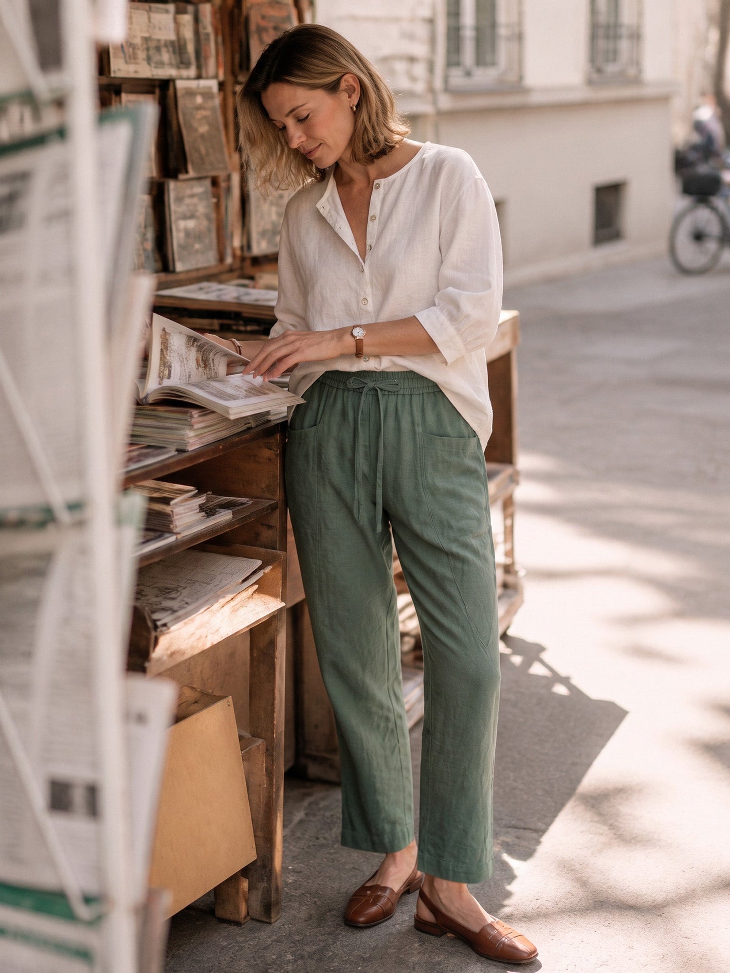100% Linen Drawstring Utility Ankle Pants AMELINE  DestGlow