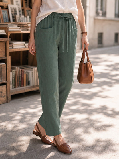 100% Linen Drawstring Utility Ankle Pants AMELINE  DestGlow