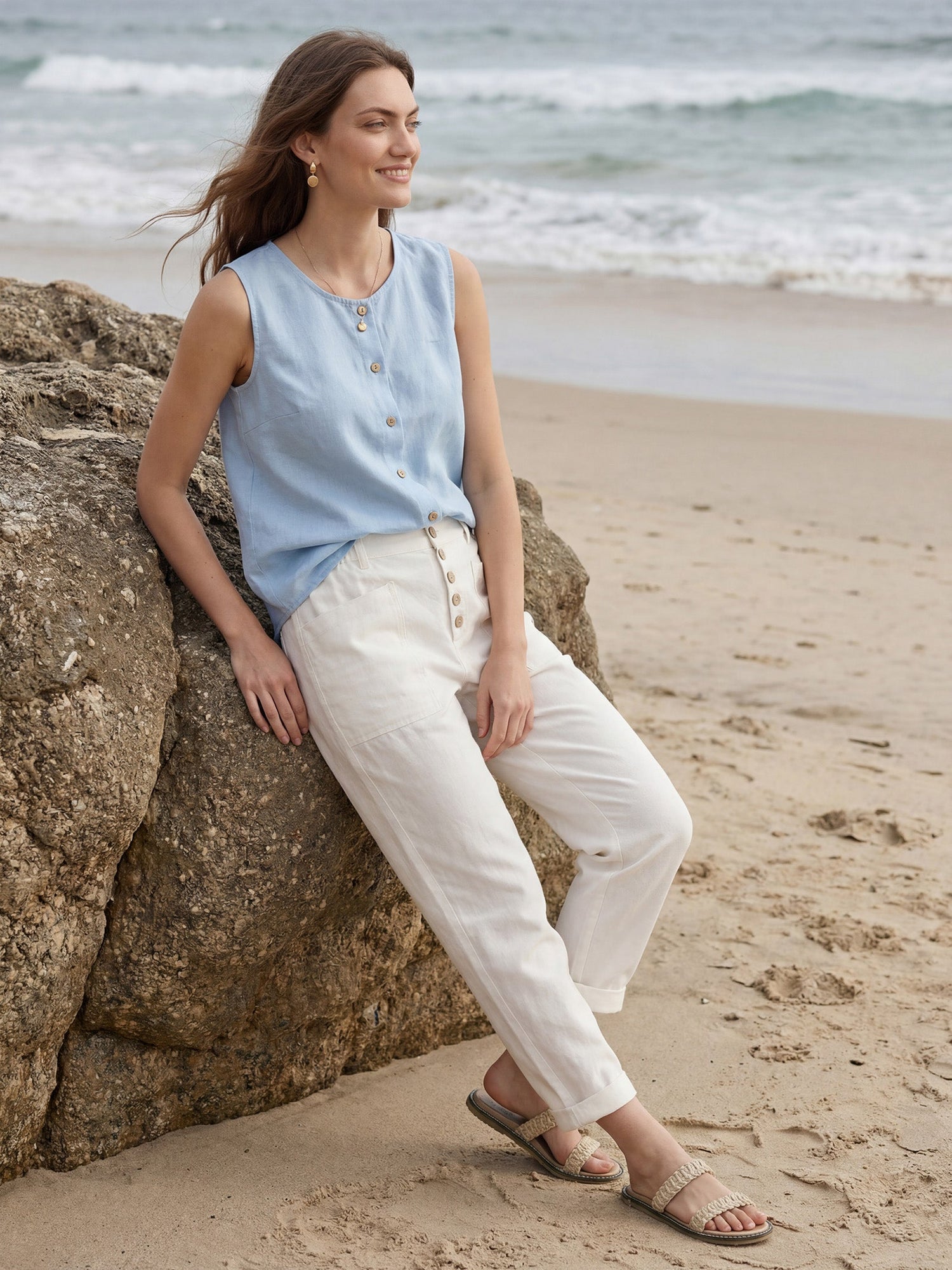 Linen Simple Button Fly Trousers HEIDI by LINTICO