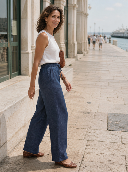 100% Linen Denim Texture Elastic Waist Straight Leg Pants HAZEL  DestGlow
