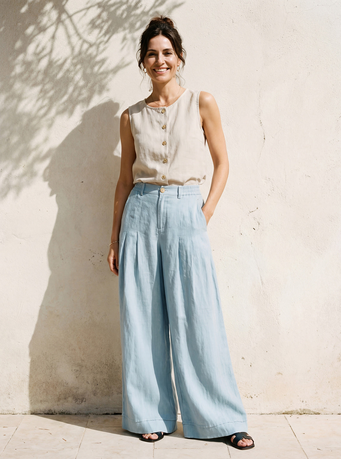 100% Linen Sculpted Pleat Elasticated Back Relaxed Pants VERIDIANA by LINTICO