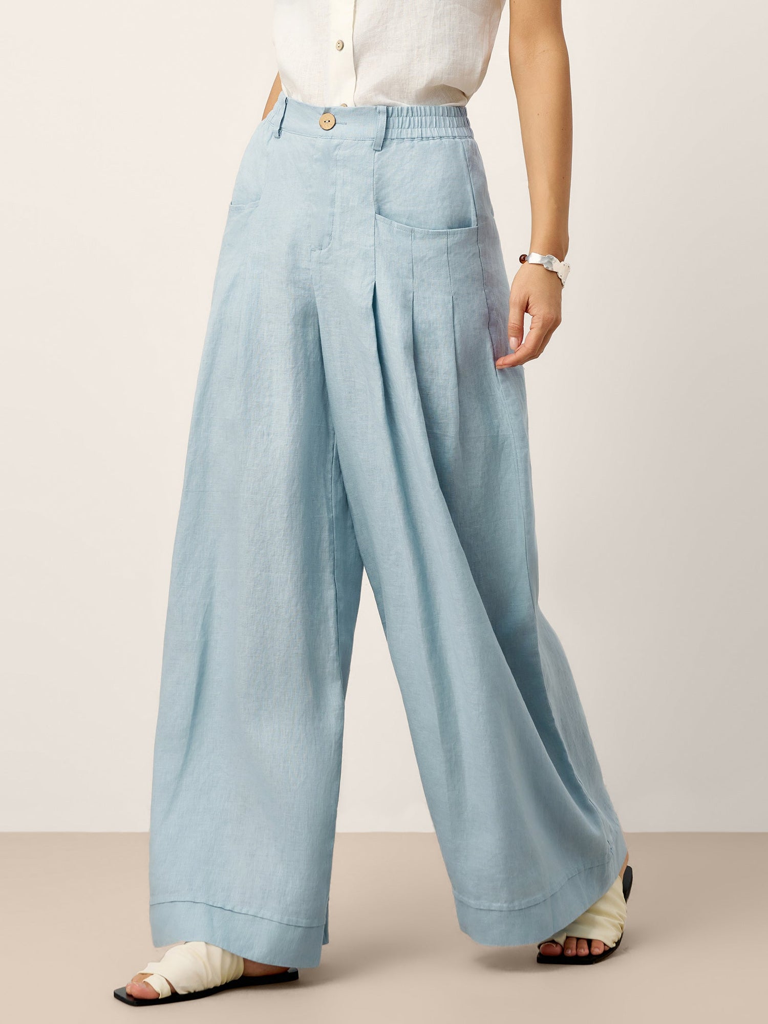 100% Linen Sculpted Pleat Elasticated Back Relaxed Pants VERIDIANA  DestGlow
