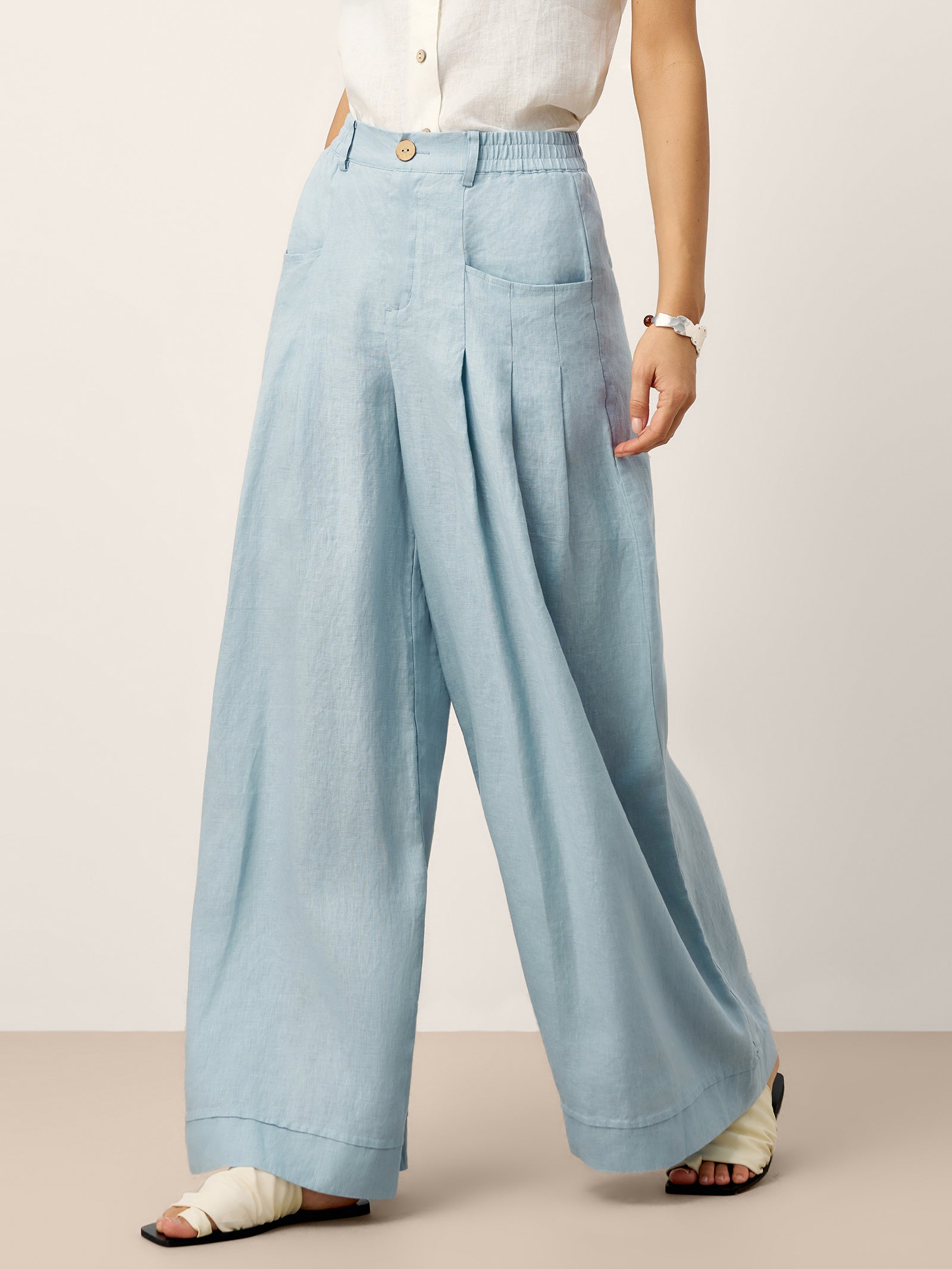 100% Linen Sculpted Pleat Elasticated Back Relaxed Pants VERIDIANA  DestGlow
