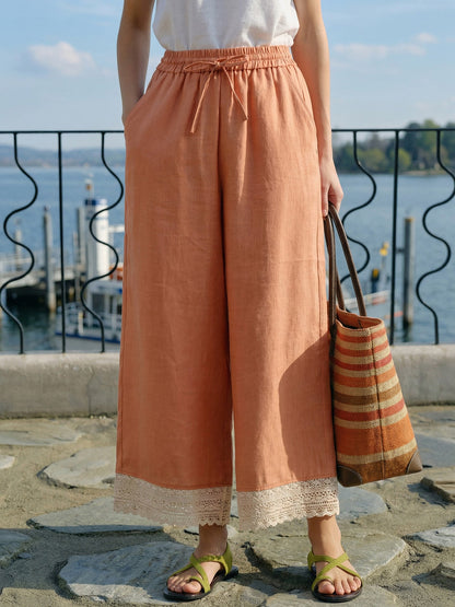 100% Linen Lace-Hem Wide-Leg Pants DARBY by LINTICO