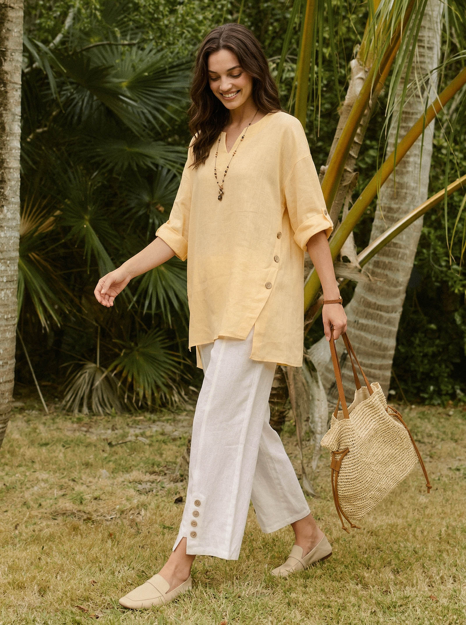 100% Linen Buttoned Split-Hem Pants ALINA by LINTICO