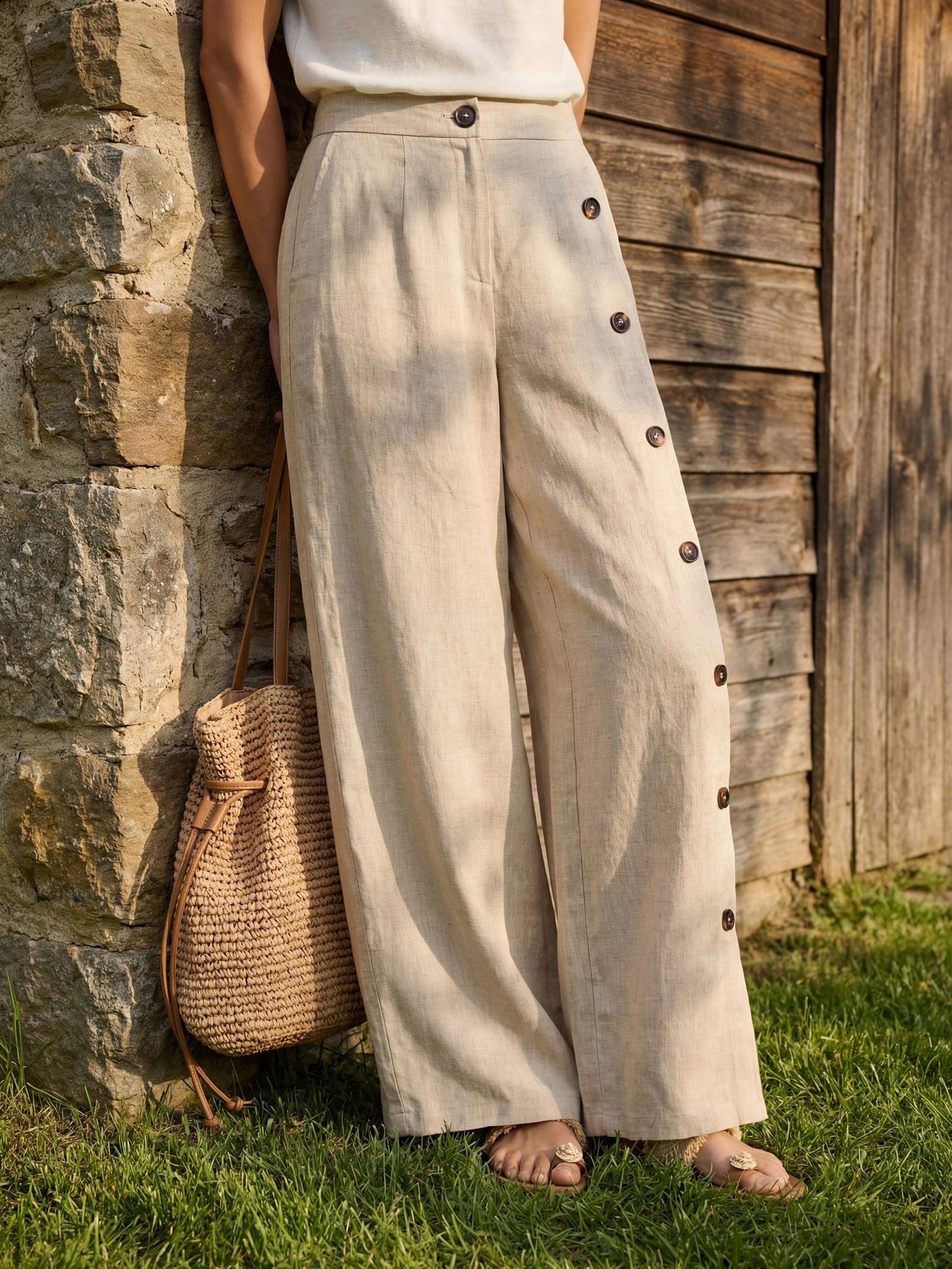 100% Linen Buttoned Slit-Hem Pants KATYA  DestGlow