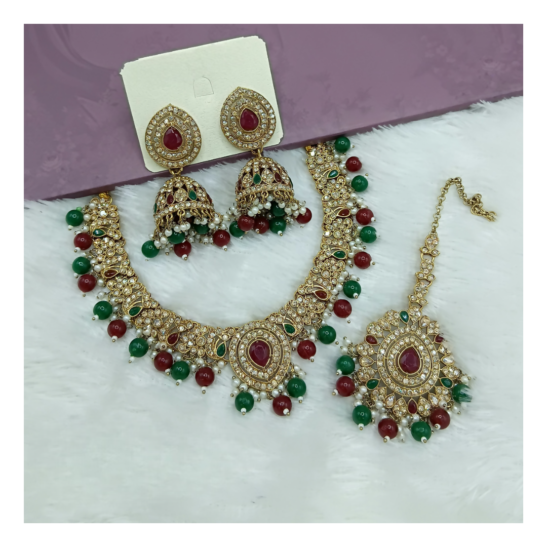 Joban Fashion Maroon-Green Stone Work Necklace Set