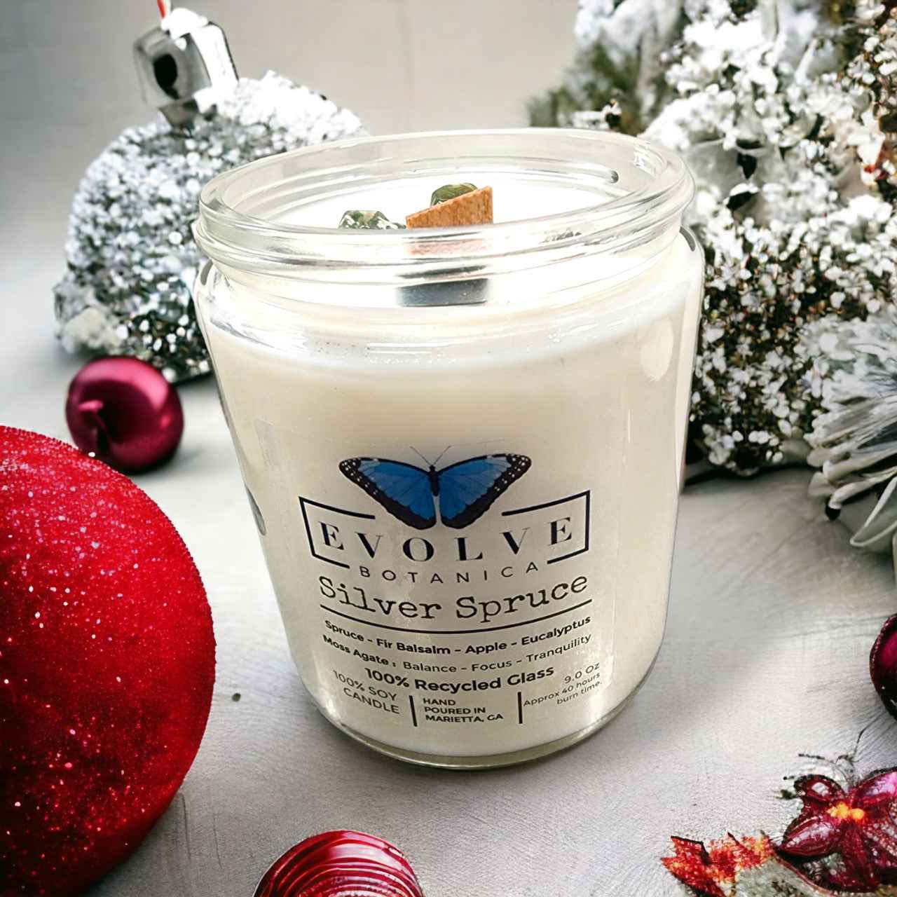 Classic 9oz Jam Jar Crystal Soy Candle - Silver Spruce (Moss Agate)